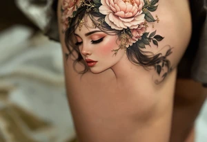 Alfons Mucha’s romantic vision of femininity, dressed in soft gold with a crown of dusty pink peonies and olive filigree. tattoo idea