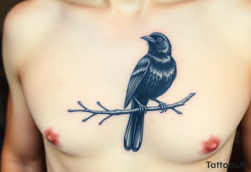 european blackbird male sitting on a branch tattoo idea