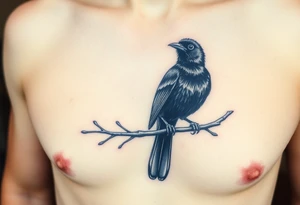 european blackbird male sitting on a branch tattoo idea
