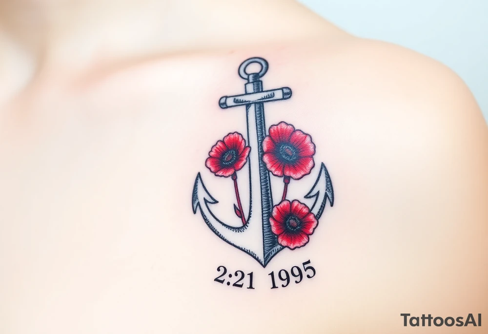Nautical anchor with red poppy flowers and the date 2-21-1995 tattoo idea