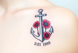 Nautical anchor with red poppy flowers and the date 2-21-1995 tattoo idea