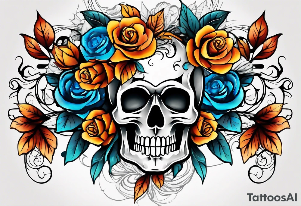 Front knee tattoo with fall colors, small flowers, rose, style skull, leaves, blue water flows with washes and background tattoo idea