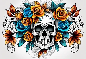 Front knee tattoo with fall colors, small flowers, rose, style skull, leaves, blue water flows with washes and background tattoo idea