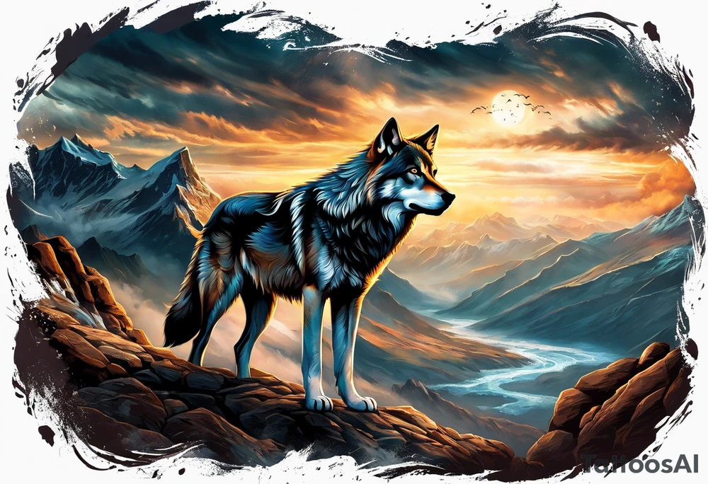 tattoo of a lone wolf navigating through a rugged landscape, with each obstacle representing a life battle – rocky terrain symbolizing challenges, storm clouds signifying hardships, and wild rivers representing struggles. The wolf is depicted with piercing eyes and a determined expression, embodying resilience and strength as it forges ahead. In the background, a subtle glow of sunlight breaks through the clouds, symbolizing hope and perseverance. Alongside the wolf, the phrase "Endure and Conquer" is inscribed in bold, minimalist lettering, encapsulating the theme of overcoming adversity with resilience and determination. tattoo idea