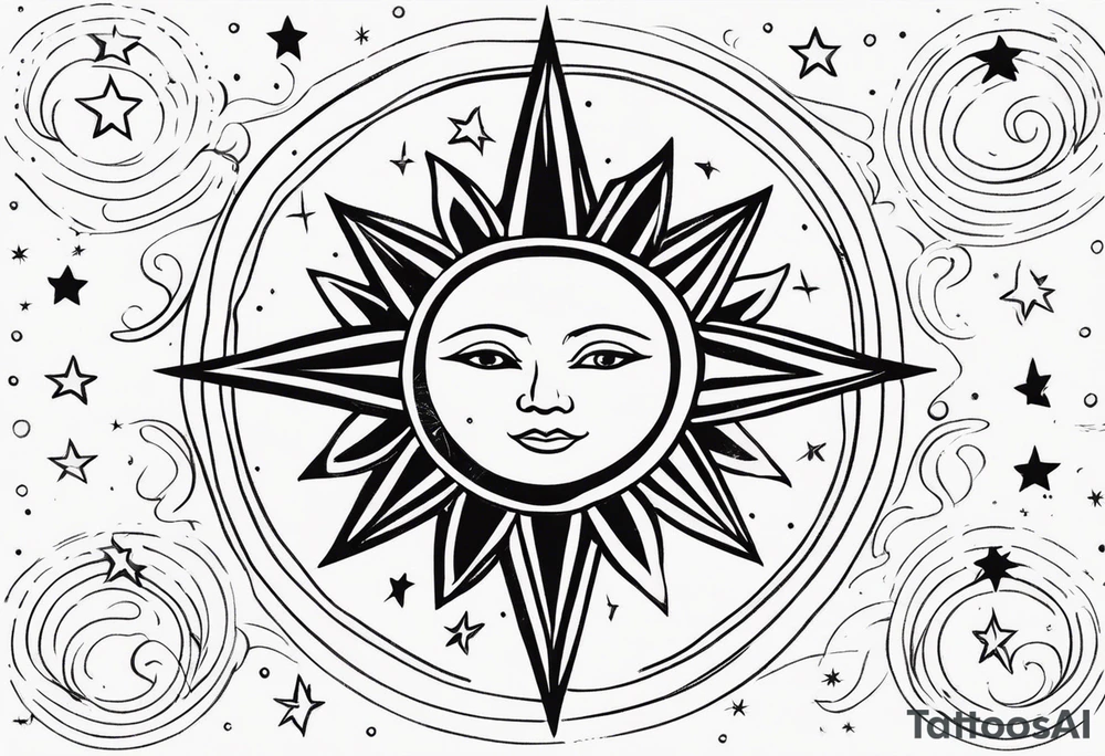 Western sun stars and moon. Mirrored with swirls and dots and stars tattoo idea