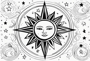 Western sun stars and moon. Mirrored with swirls and dots and stars tattoo idea