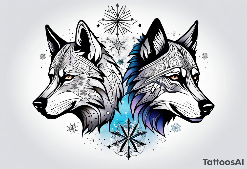 Constellation, two animal alien wolf, snowflake tattoo idea