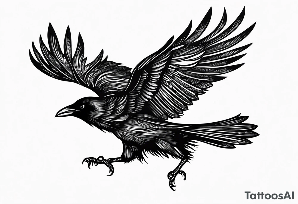 a crow in the with its wings outstretched in flight with nothing in the background tattoo idea