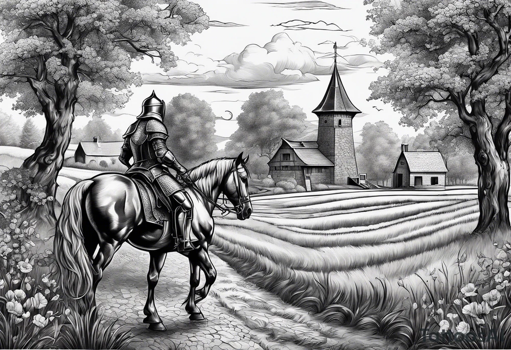 a knight with an old farm in the background and horses in the netherlands tattoo idea