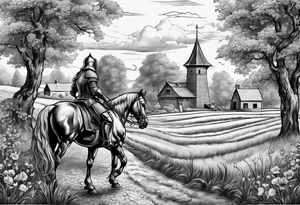 a knight with an old farm in the background and horses in the netherlands tattoo idea