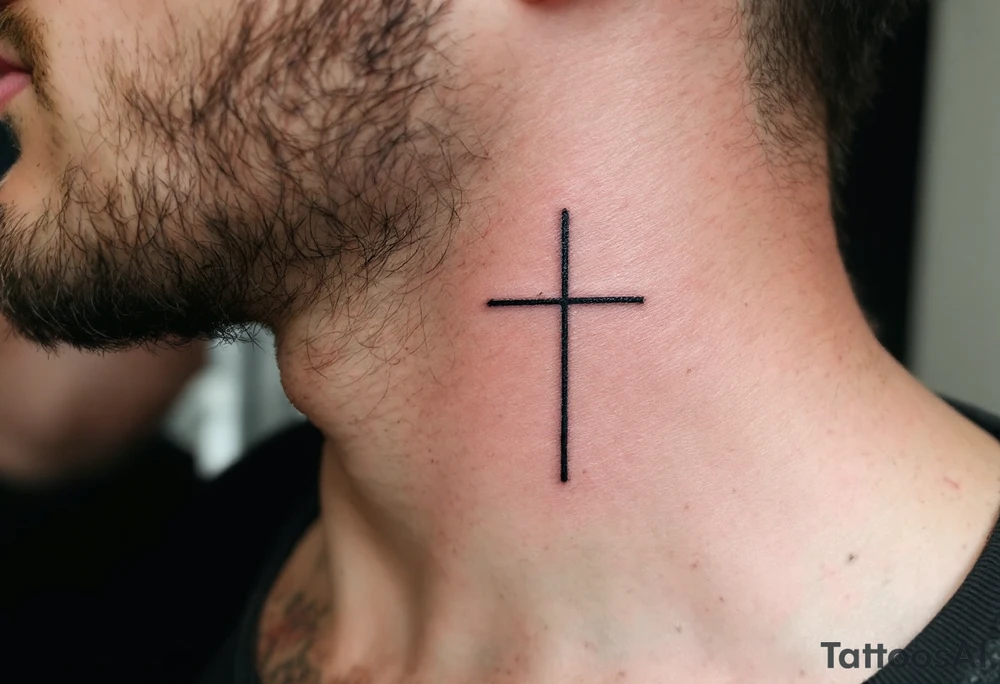 Scripted Cross with Quote – A thin black cross on the neck with an inspiring quote in elegant script etched below or around it, perhaps in soft gray tones. tattoo idea