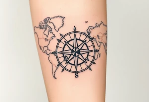 antique compass rose overlaid on weathered world map with sailing ships tattoo idea