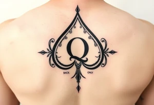 A spade womb tattoo with a Q in the center, with three points around the outside. The first reading, "BLACK". The second reading, "BABY". The third reading, "ONLY". tattoo idea