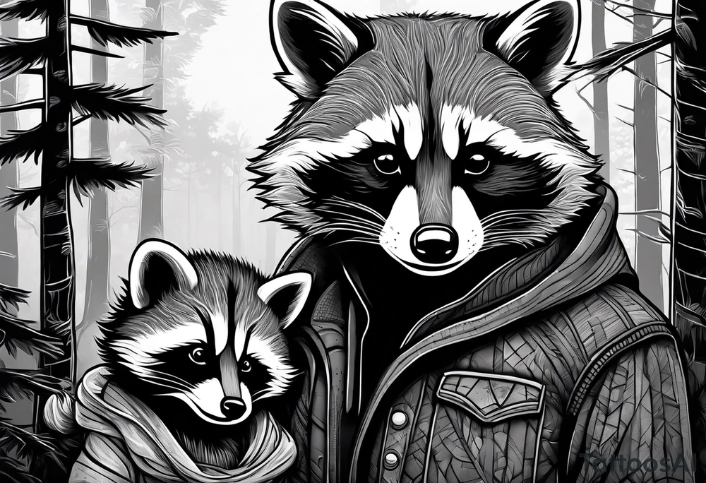 Very detailed Raccoon Husband with wife and child.
Background modern House between woods tattoo idea