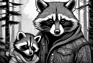 Very detailed Raccoon Husband with wife and child.
Background modern House between woods tattoo idea