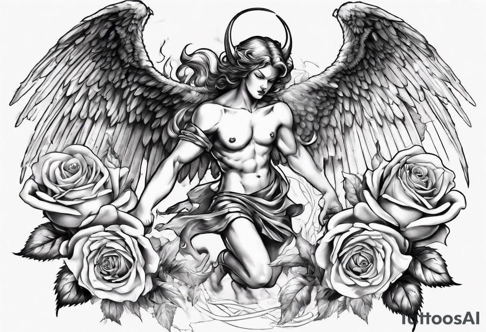 Archangel fighting a demon with roses tattoo idea