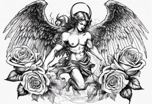 Archangel fighting a demon with roses tattoo idea