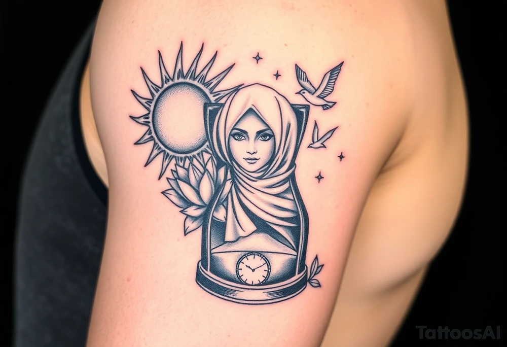 sun and moon embrace with lotus flower in a hour glass that breaks into flying birds and a clock in background with an arab woman with scarf over her face tattoo idea