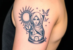 sun and moon embrace with lotus flower in a hour glass that breaks into flying birds and a clock in background with an arab woman with scarf over her face tattoo idea