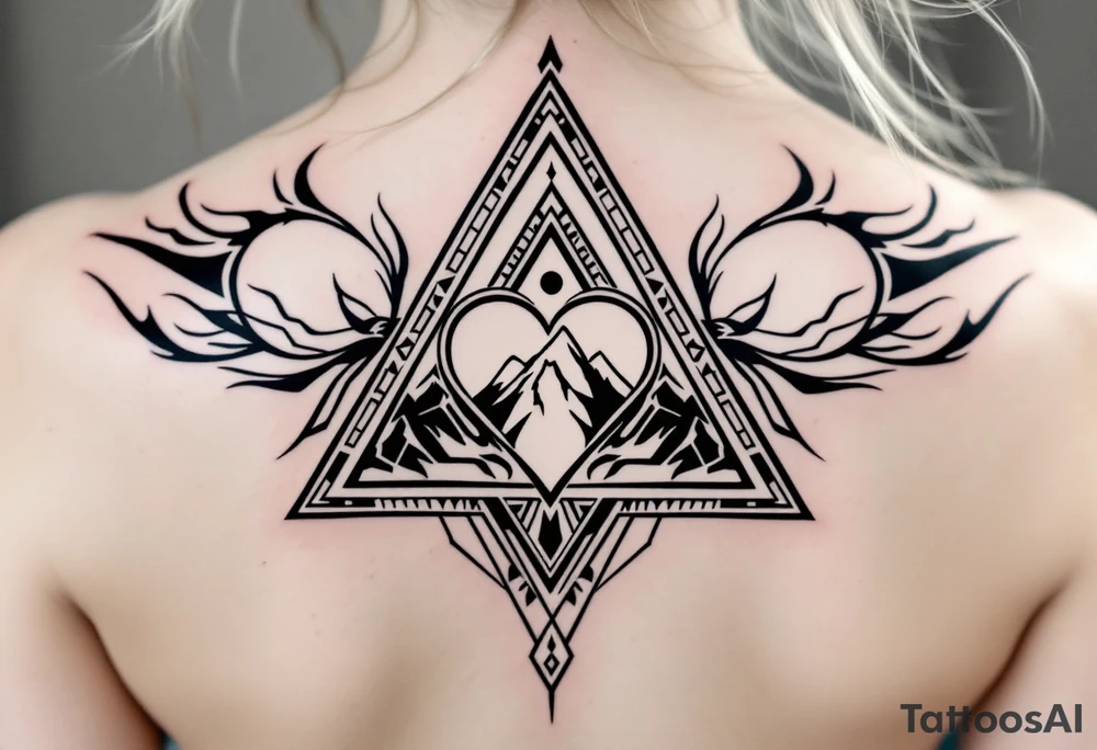 A triangle with a big heart in the cente with a mountain theme tattoo idea