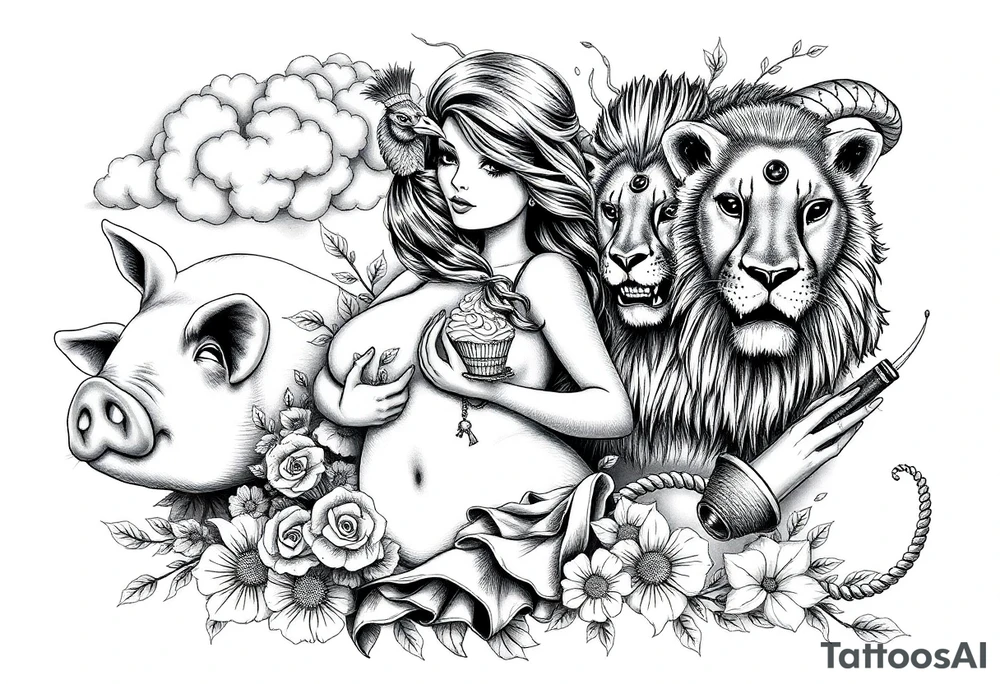 Storm clouds, pig, peacock , fat sexy naked fat woman, cupcakes, noose , money, goat, lion, couple having sex, cigerette storm lightening, killing, darkness tattoo idea