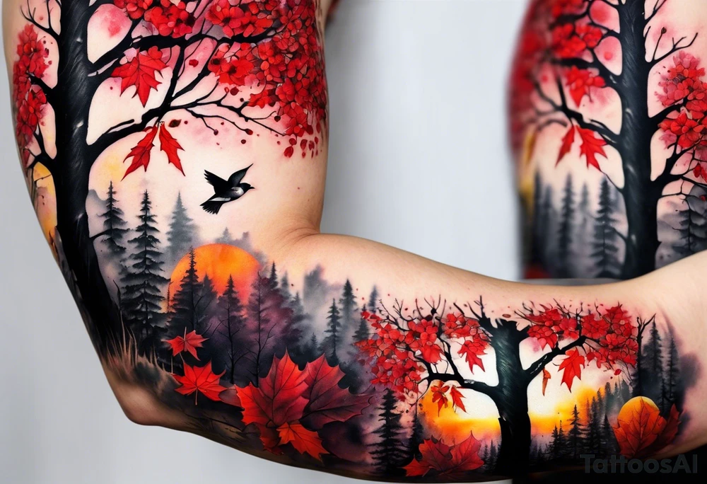 trash polka style. Arm tattoo. Long tattoo. Full sleeve. Shoulder. A single large maple tree with red autumn leaves that branches upwards from wrist to shoulder. White-throated dipper bird on the trees branches. Calluna flowers at the base of the trees stem. Tree stem has dark colors. Red/yellow sunset behind the trees stem. Leaves falling. tattoo idea
