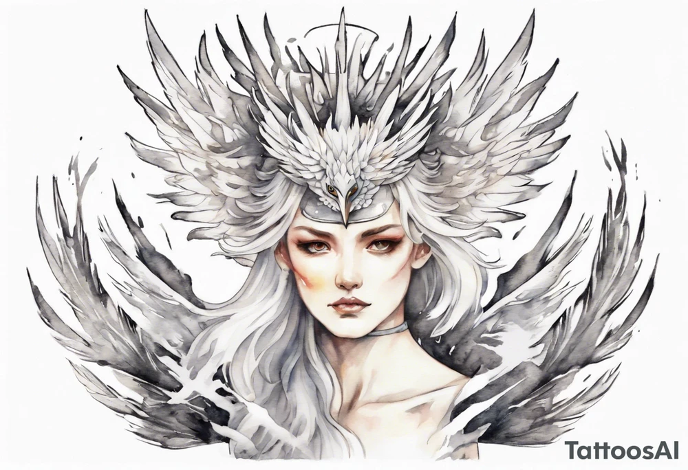 a white phoenix wearing iron diadem crown tattoo idea