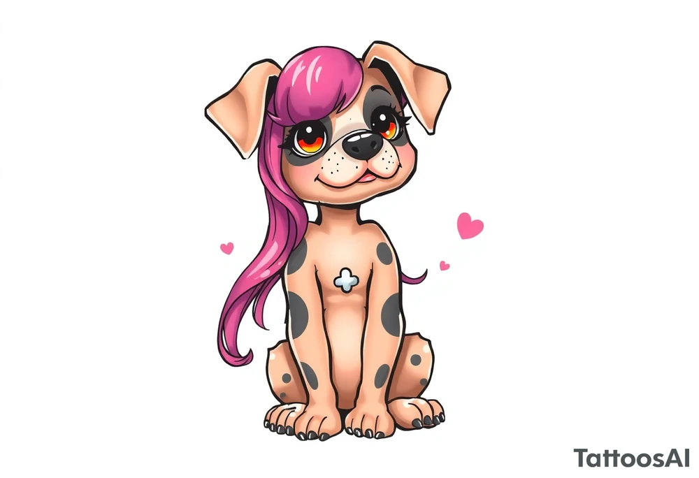 goth hot puppy girl with big boobs and pink hair full human body tattoo idea