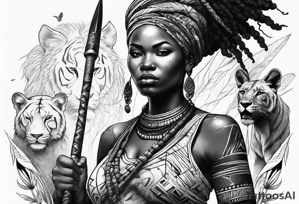 African woman warrior with tribe scars and spear in hand with animals in background tattoo idea