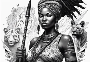 African woman warrior with tribe scars and spear in hand with animals in background tattoo idea