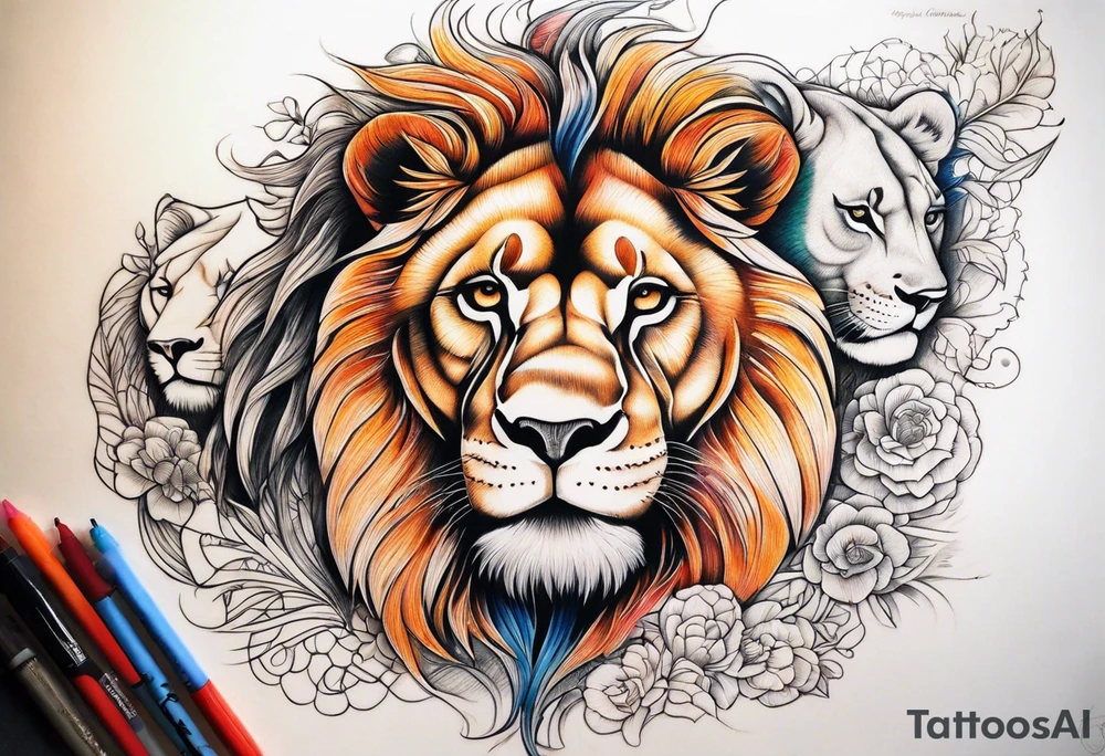 Realistic lion and lioness 
bonding tattoo idea