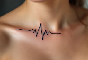 A minimalist navy blue line wave pulses across the collarbone like a heartbeat. tattoo idea