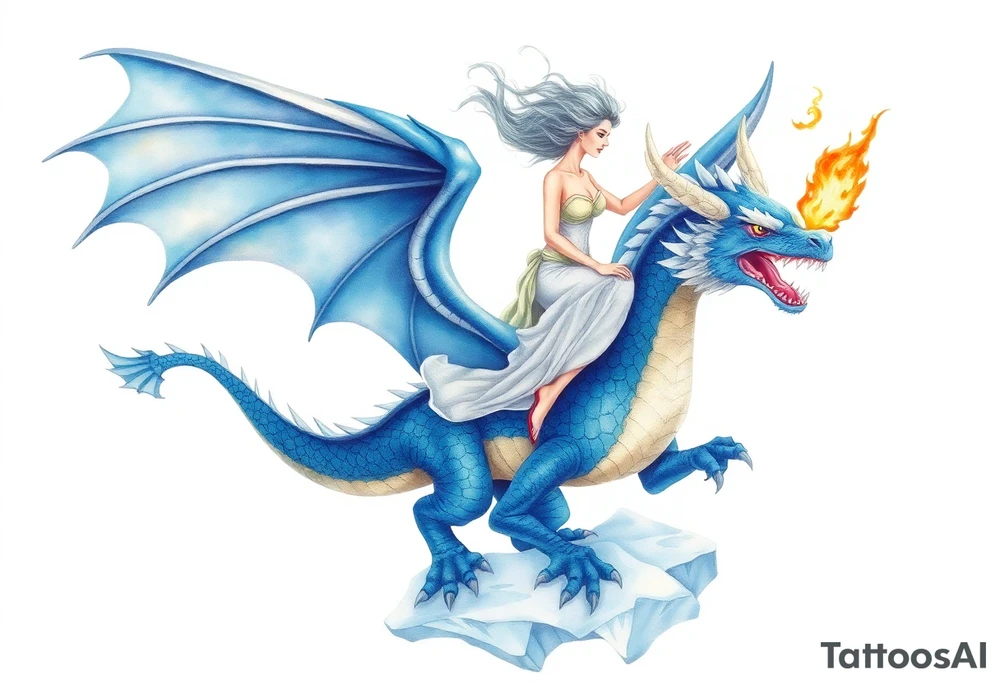 Woman riding a blue fire breathing dragon with wings spread and flying over ice tattoo idea