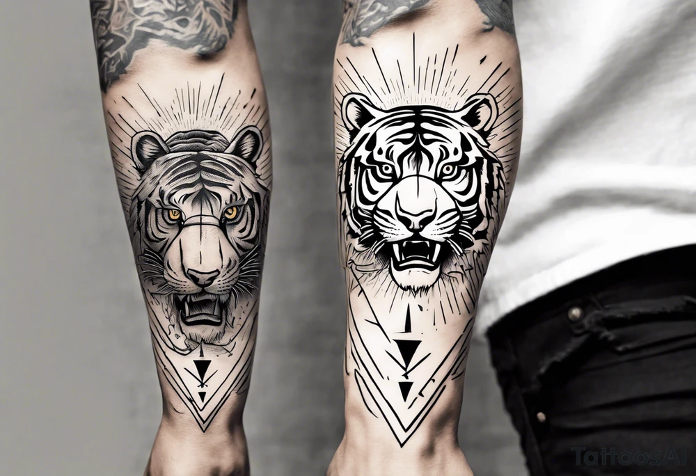 Ancient tiger with lightning and a sun for a forearm sleeve. With patterns surrounding it tattoo idea Ancient tiger with lightning and a sun for a forearm sleeve. With patterns surrounding it tattoo idea