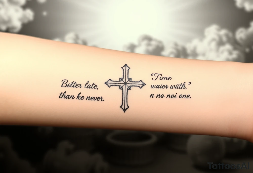 Element	Inhalt & Stil
Zentrales Kreuz	Schlicht, zentral, leicht schattiert
Linke Seite	„Better late than never, but never late is better.“
Rechte Seite	Zitat deiner Wahl (z. B. „Time waits for no one.“)
Hintergrund	Schattierte Wolken, evtl. mit Lichtstrahl
Platzierung	Innerer Unterarm, vertikal verlaufend tattoo idea