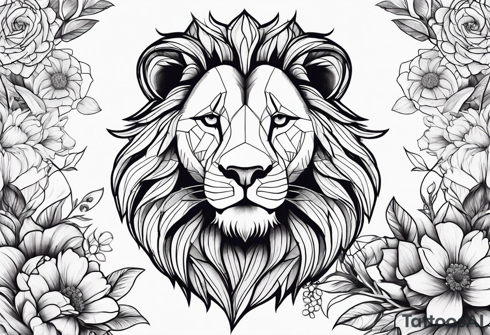 Lion with flowers around tattoo idea