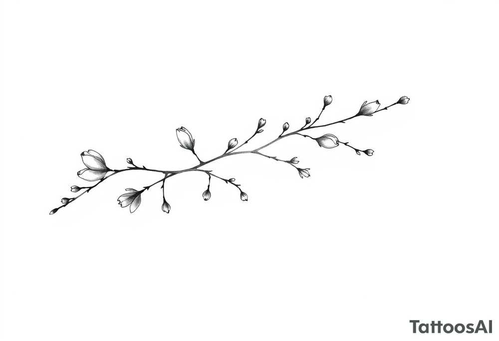 Magnolia branch long with different small almost closed flowers, with botanical details and dots tattoo idea