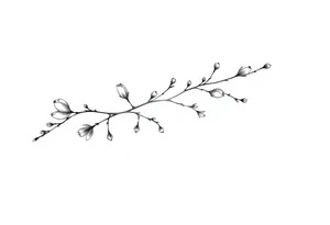 Magnolia branch long with different small almost closed flowers, with botanical details and dots tattoo idea