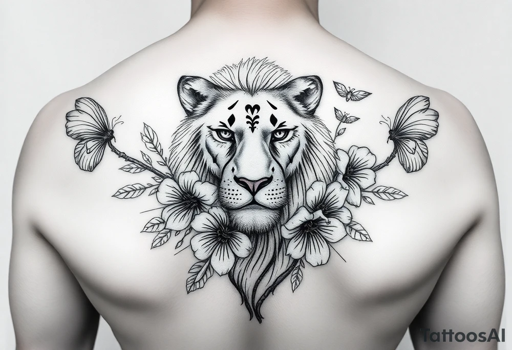 a lioness with frangapanis and fairys arm sleeve tattoo idea