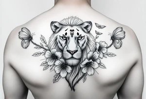 a lioness with frangapanis and fairys arm sleeve tattoo idea