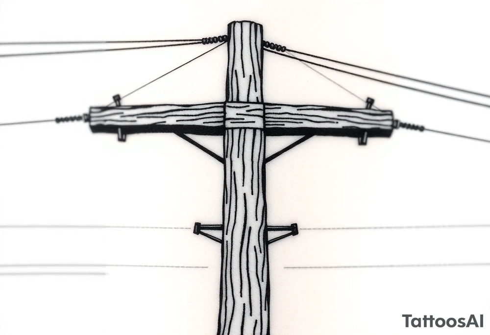 a wooden 12kv distribution pole with electrical lines. Make the pole a cross that has a hidden resemblance to god. tattoo idea