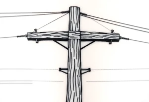 a wooden 12kv distribution pole with electrical lines. Make the pole a cross that has a hidden resemblance to god. tattoo idea