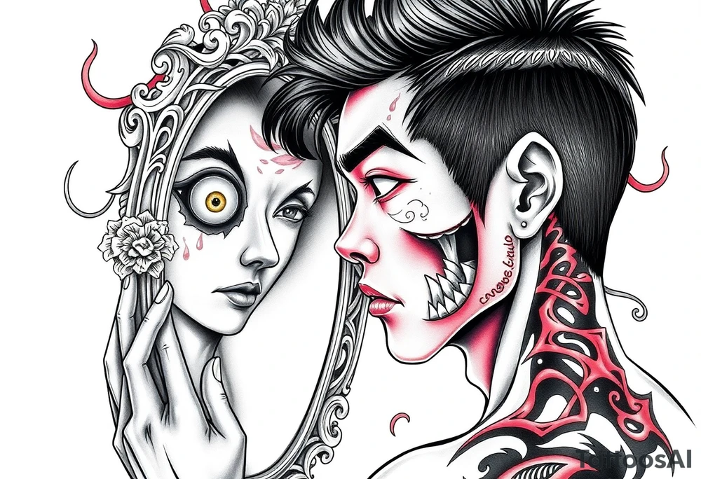 Handsome Asian young guy is looking in cursed mirror and see the evil tattoo idea
