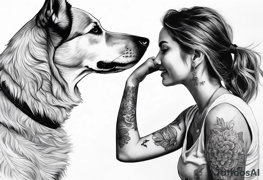 dog in the air facing woman and trying to reach her hand and woman as her back facing us tattoo idea
