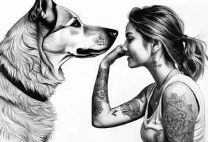 dog in the air facing woman and trying to reach her hand and woman as her back facing us tattoo idea