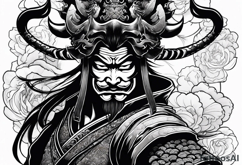 samurai with a hannya mask that covers half of his face who is in a slightly tilted posture holding a katana in an attack position tattoo idea