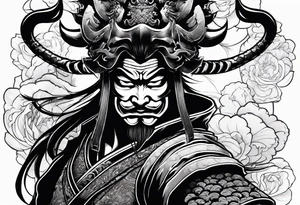 samurai with a hannya mask that covers half of his face who is in a slightly tilted posture holding a katana in an attack position tattoo idea