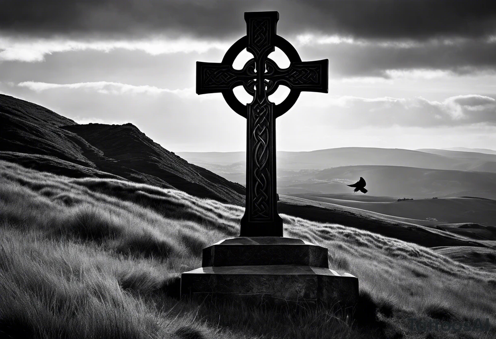 A monochromatic scene of a stone Celtic cross standing tall against a windswept hill. The intricate designs etched into the cross are starkly contrasted against its weathered, black surface. At the arm of the cross, a large raven perches elegantly, its ebony feathers seemingly absorbing the light. The bird's piercing eyes are fixed on something beyond the viewer's sight, lending an air of mystery to the already enigmatic monument. The surrounding landscape is desolate and barren, with the occasional tuft of brown grass struggling to survive the harsh elements. A veil of fog hovers just above the ground, adding to the eerie atmosphere and further isolating the cross from the world around it. The image evokes a sense of timelessness and the enduring strength of Celtic heritage, even in the face of the relentless march of time. tattoo idea