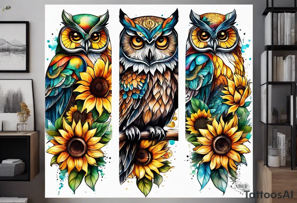 Leg sleeve with colorful sunflowers and an owl tattoo idea