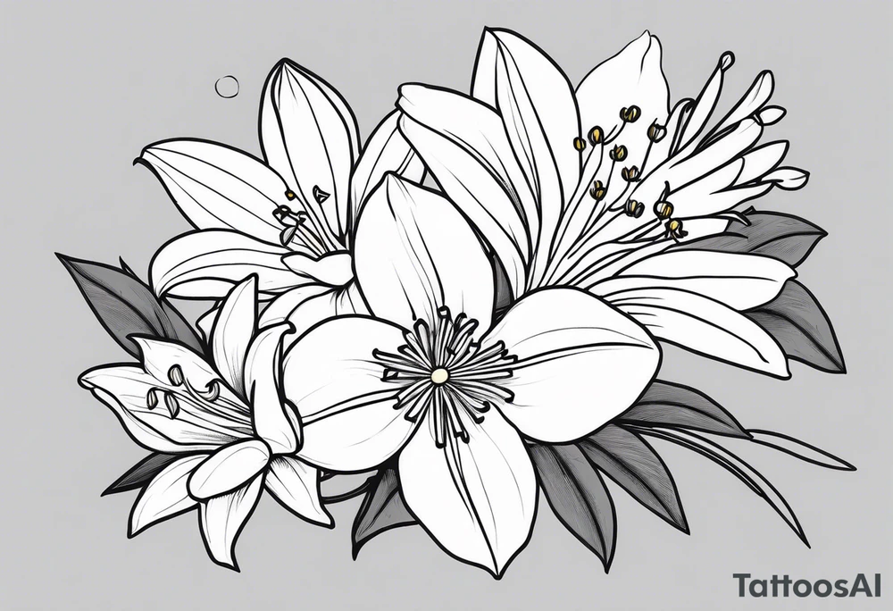 bouquet of flowers containing one lily, one daisy, one daffodil, and one narcissus. fine line with the stems in a bouquet tied by a bow. tattoo idea